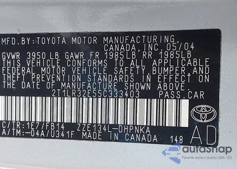 2005 Toyota Matrix Xr из США, поврежденный, VIN 2T1LR32E55C333403